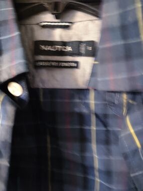 Nautica Men’s Navy Plaid Button-Up Shirt with Yellow Accents